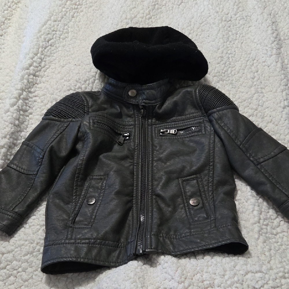 Urban Republic Grey Faux Leather Hooded Kids Jacket with attached black hood